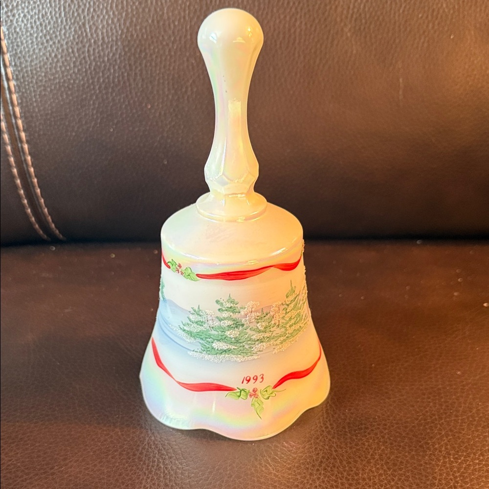Fenton Holiday Bell with Red and Green Design. Artist signed. 1993.